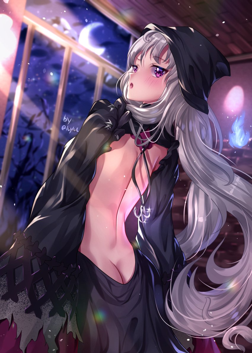 1girls ass ass_cleavage back back_view bare_back black_dress blush butt butt_crack dress exposed_back fire ghost_girl gray_hair grey_hair hat looking_at_viewer looking_back luyluc moon nijisanji nijisanji_en purple_eyes raised_eyebrow reimu_endou solo solo_female solo_focus viewed_from_behind virtual_youtuber