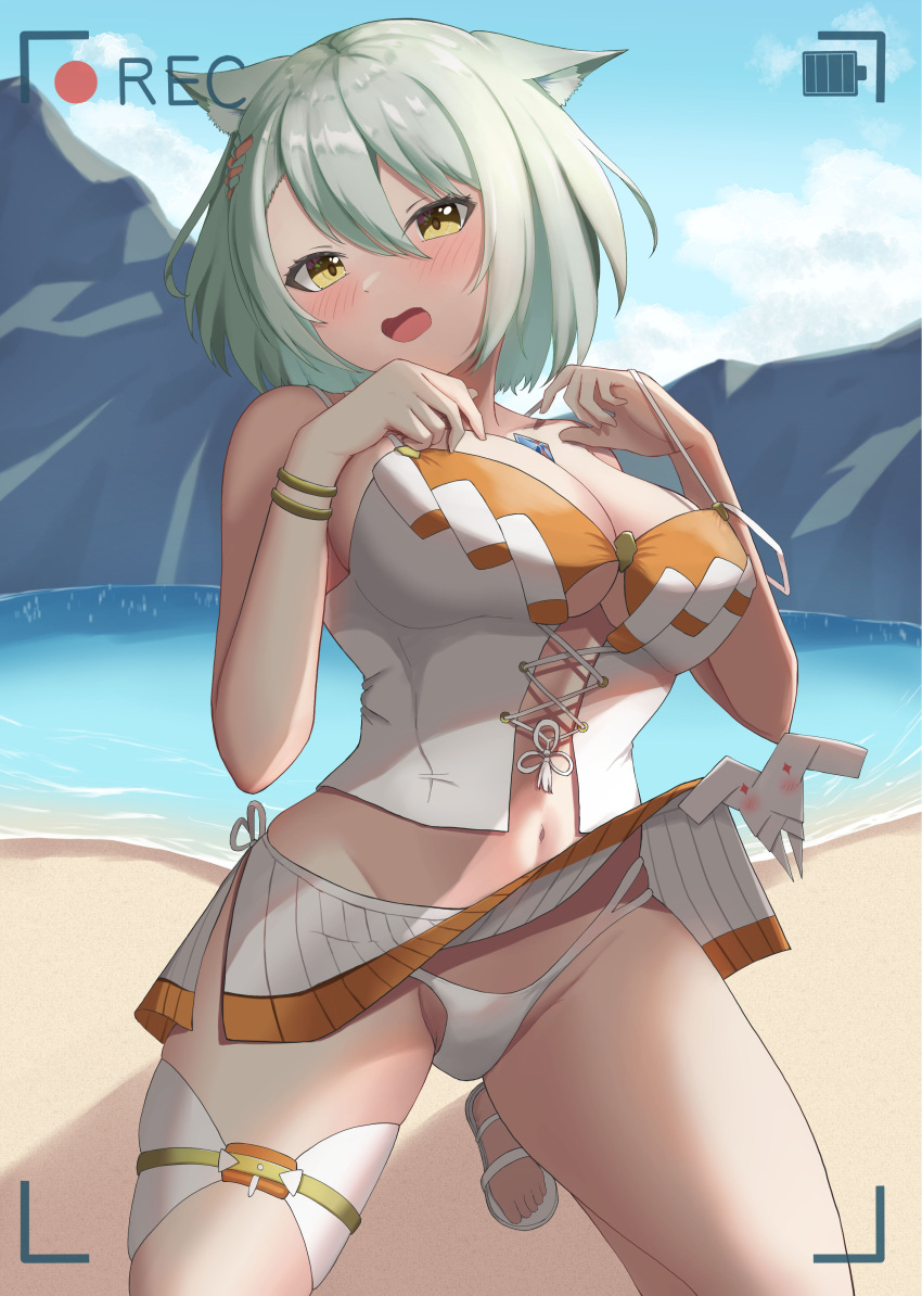 1girls absurd_res beach bikini bracelet busty camera_view cat_ears catgirl cleavage core_crystal curvy female female_only highres hourglass_figure kneeling looking_at_camera looking_at_viewer midriff mio_(xenoblade) navel nintendo orange_bikini orange_swimsuit panties sand sandals shiratamaaji short_hair silver_hair skirt swimsuit swimwear thick_thighs thigh_strap thighs upskirt water white_bikini white_panties white_swimsuit xenoblade_(series) xenoblade_chronicles_3 yellow_eyes