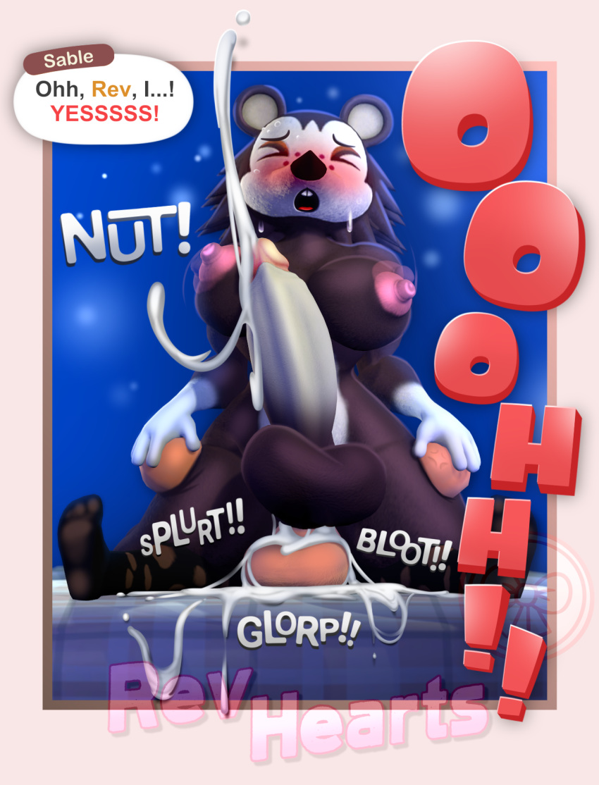 animal_crossing anthro big_penis bodily_fluids breasts comic cum cum_in_ass cum_inside cumming_together duo ejaculation eulipotyphlan genital_fluids genitals gynomorph hedgehog hi_res humanoid intersex intersex/male male mammal moan nintendo penis revhearts sable_able villager_(animal_crossing)