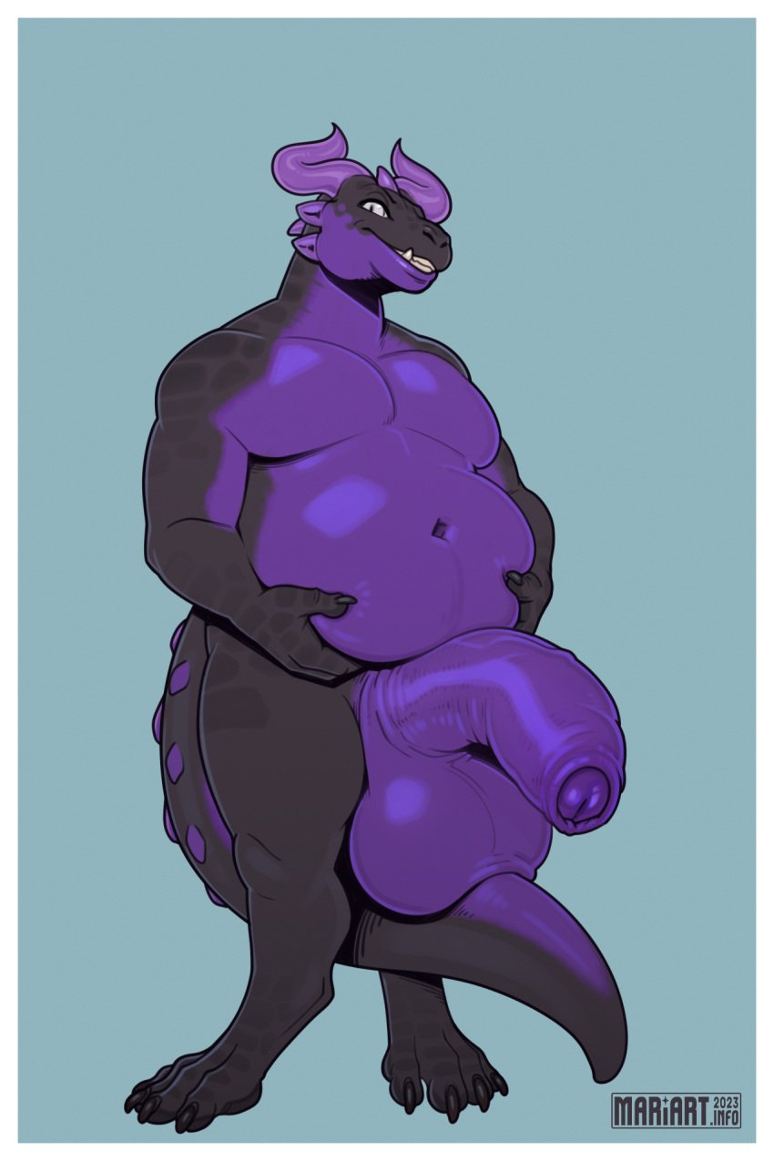 anthro balela big_butt big_penis chubby_male digital_media_(artwork) foreskin furry genitals gylphie hi_res male mariart mariart.info musclegut nsfw omari partially_retracted_foreskin penis purple_penis reptile scalie solo_male