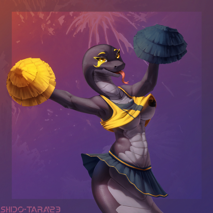 absurd_res anthro azenet_(up1ter) bottomwear breasts cheerleader clothed clothing female hi_res invalid_tag looking_at_viewer nipples partially_clothed raised_clothing raised_shirt raised_topwear reptile scalie shido-tara shirt simple_background skirt snake solo tongue tongue_out topwear