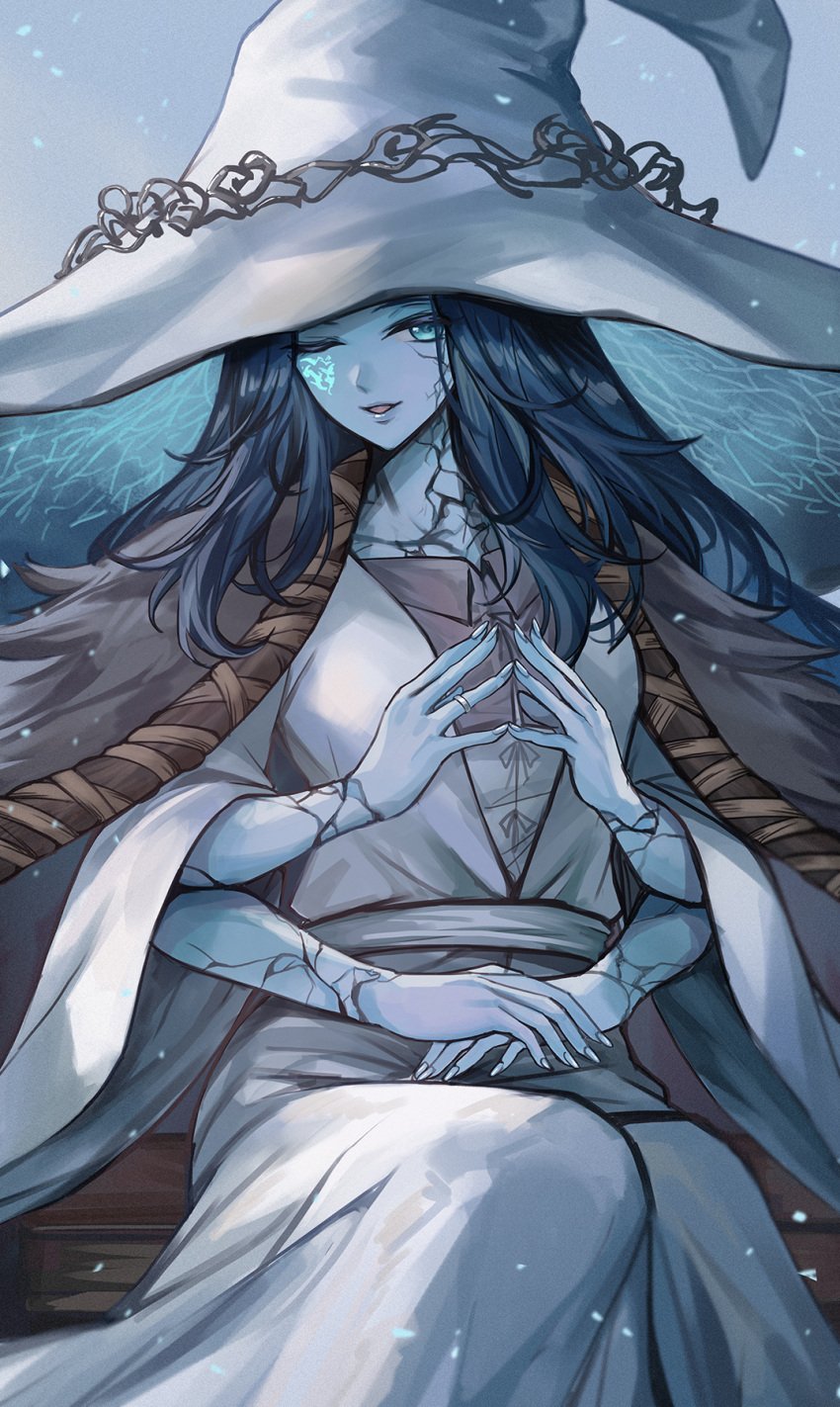 blue_eyes blue_hair blue_skin colored_skin elden_ring female hat highres kacyu long_hair long_sleeves looking_at_viewer multi_arm multi_limb one_eye_closed ranni_the_witch robe sitting smile solo wide_sleeves witch_hat