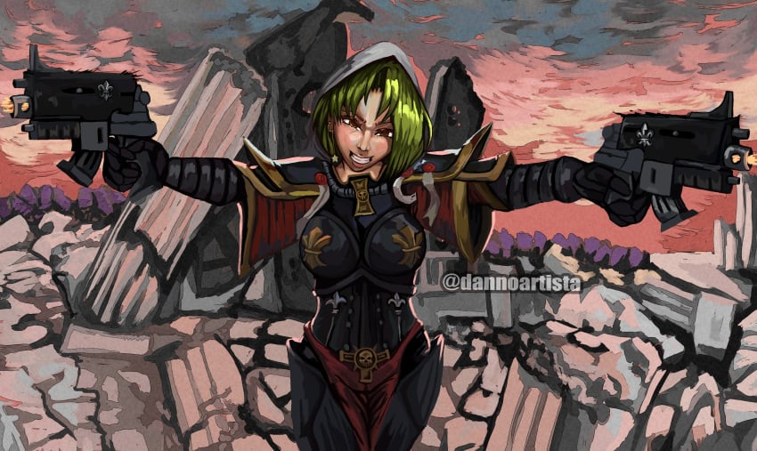 adepta_sororitas armor brown_eyes clothed clothing colombian crossover dannoartista ear_piercing earrings fantasy_weapon female female_focus fingerless_gloves flat_chest freckles green_hair green_nails gun guns hispanic hispanic_virtual_youtuber imperium_of_man latam_virtual_youtuber light-skinned_female light_skin pistol purity_seal ryumi ryumivt short_hair sister_of_battle small_breasts smile twitch twitch.tv virtual_youtuber vtuber warhammer_(franchise) warhammer_40k weapon yellow_eyes youtube youtube_hispanic