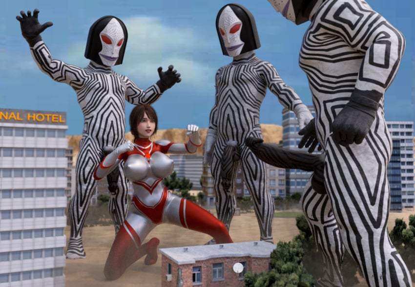 1girls 3boys 3d alien alien_dada building erect_nipples kaiju large_breasts latex latex_suit losing outside public rape ultraman_(franchise) ultrawoman ultrawoman_katia unfair