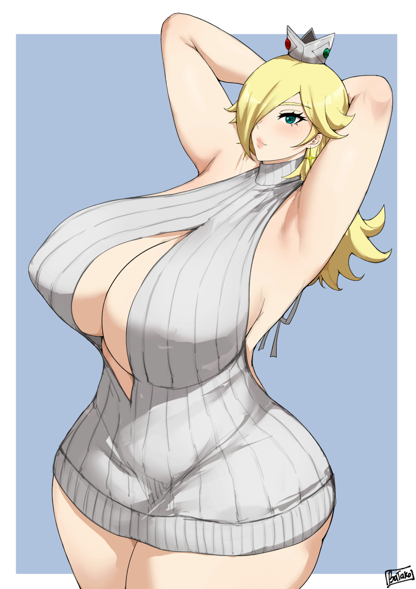 1girls armpits arms_up backless_sweater batako blonde_hair blue_eyes breasts hair_over_one_eye hi_res hips huge_breasts mario_(series) massive_breasts nintendo princess_rosalina super_mario_galaxy sweater thick_thighs thighs wide_hips