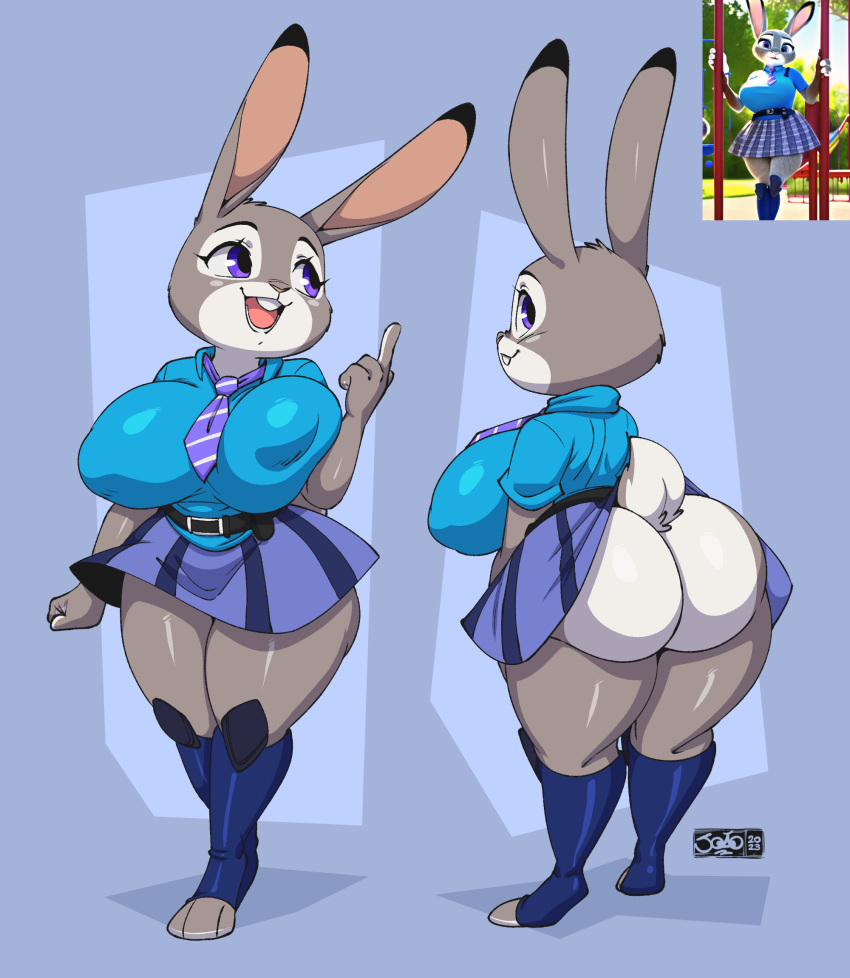 anthro ass big_ass big_breasts breasts buckteeth clothed clothing disney female fur furry furry_only grey_fur hi_res huge_breasts joaoppereiraus judy_hopps purple_eyes rabbit rabbit_humanoid shortstack skirt_caught_on_tail solo tail thick_thighs wardrobe_malfunction zootopia