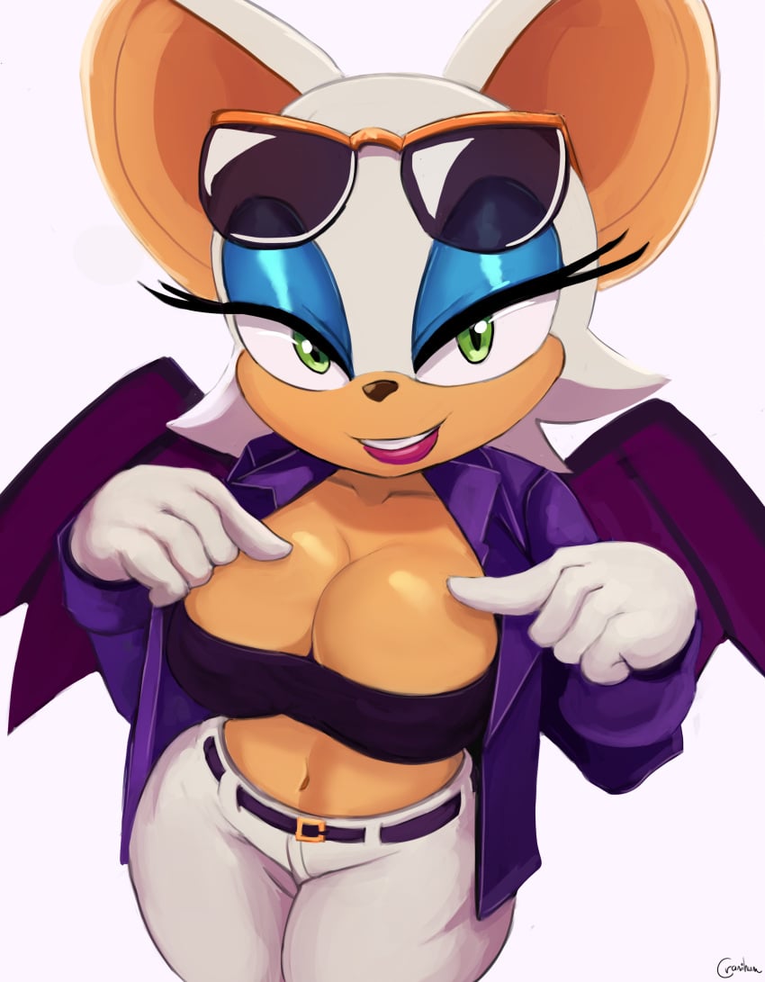 1girls alternate_costume anthro bat bat_wings belly_button breasts cleavage cranihum female female_focus female_only furry furry_female gloves jacket navel oppai pants pointing purple_jacket rouge_the_bat sega shortstack simple_background smile smug sonic_(series) sonic_the_hedgehog_(series) the_murder_of_sonic_the_hedgehog thick_thighs white_background white_pants