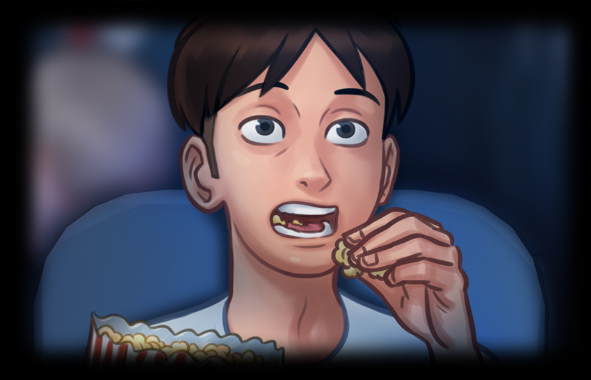 1boy 1girls 2d background_characters black_border bottomwear brown_hair clothed clothing darkcookie digital_drawing_(artwork) digital_media_(artwork) duo eating jenny_(summertime_saga) main_character_(summertime_saga) male male/female movie_theater open_mouth pants popcorn shirt shorts summertime_saga theater topwear watching