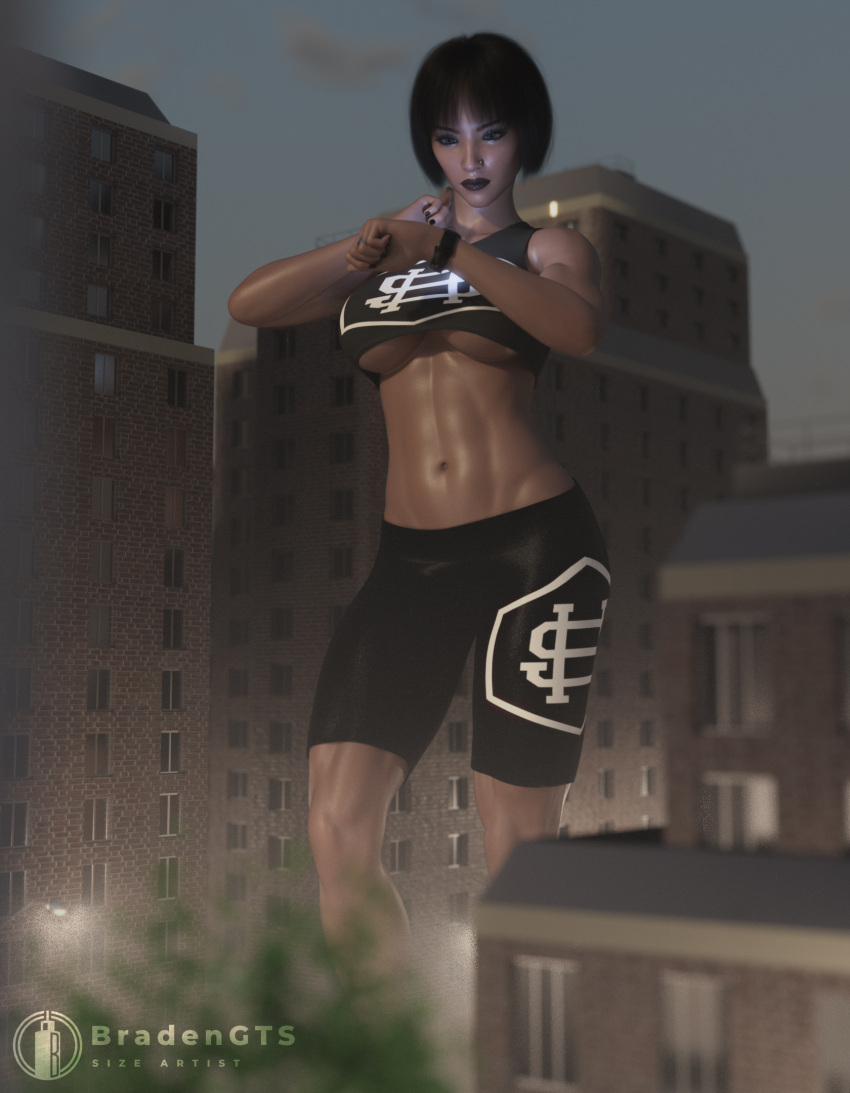 1girls abs athletic athletic_female bradengts buildings city dark_hair early_morning excercise excercise_shorts giantess looking_at_watch muscular_female original original_character outdoors short_hair shorts solo solo_female solo_focus sports_bra streetlight training underboob watch