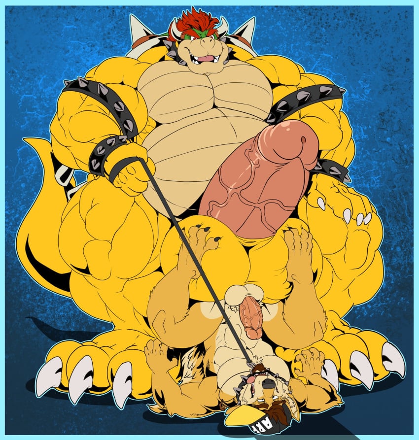 2boys anthro beer_belly big_dom_small_sub big_penis bowser canid canine canis daxterdingo dingo dominant duo gay genitals hi_res huge_cock hyper hyper_genitalia hyper_penis koopa male male/male male_only mammal mario_(series) muscular muscular_male nintendo overweight penis scalie size_difference xibalbakat