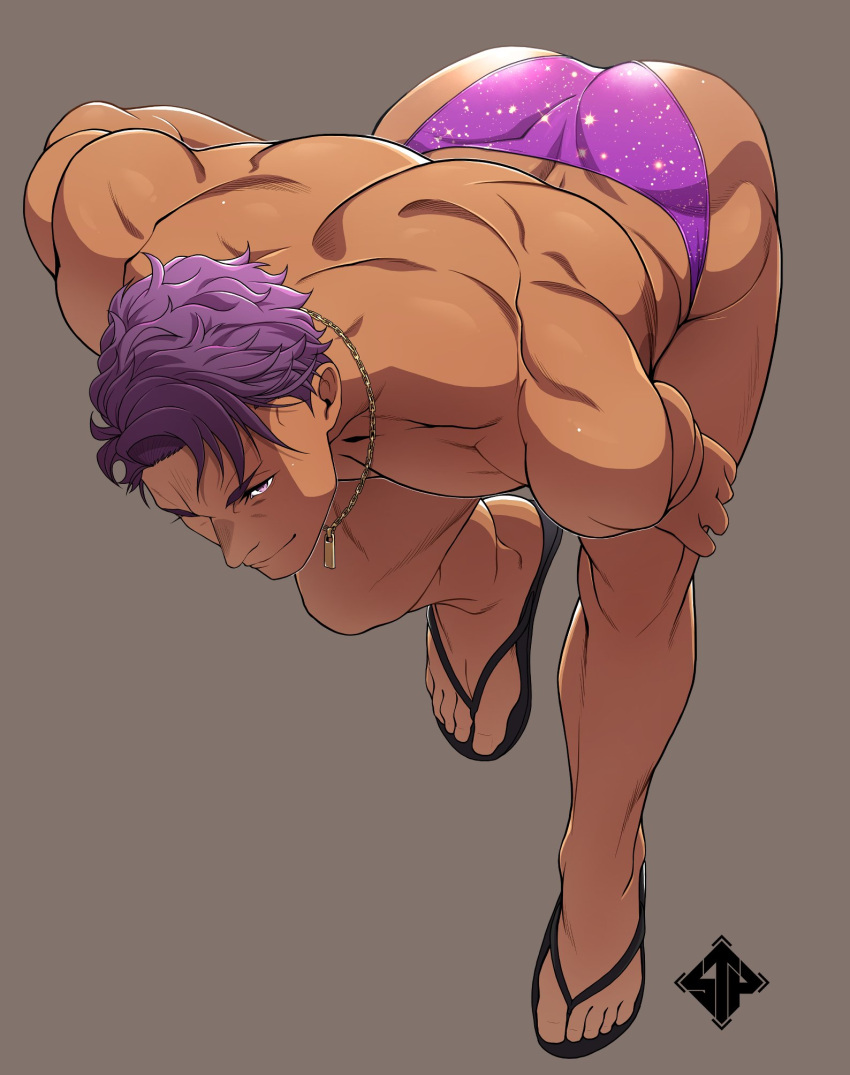 1boy artist_request ass_up bara barely_clothed bow bowing fate/grand_order fate_(series) fujimaru_ritsuka_(male) jewelry lancelot_(fate) leg_grab looking_at_viewer male male_only muscular muscular_ass muscular_back muscular_legs muscular_male necklace purple_hair purple_panties purple_speedo purple_thong saber seductive_look seductive_pose slippers thong_bikini