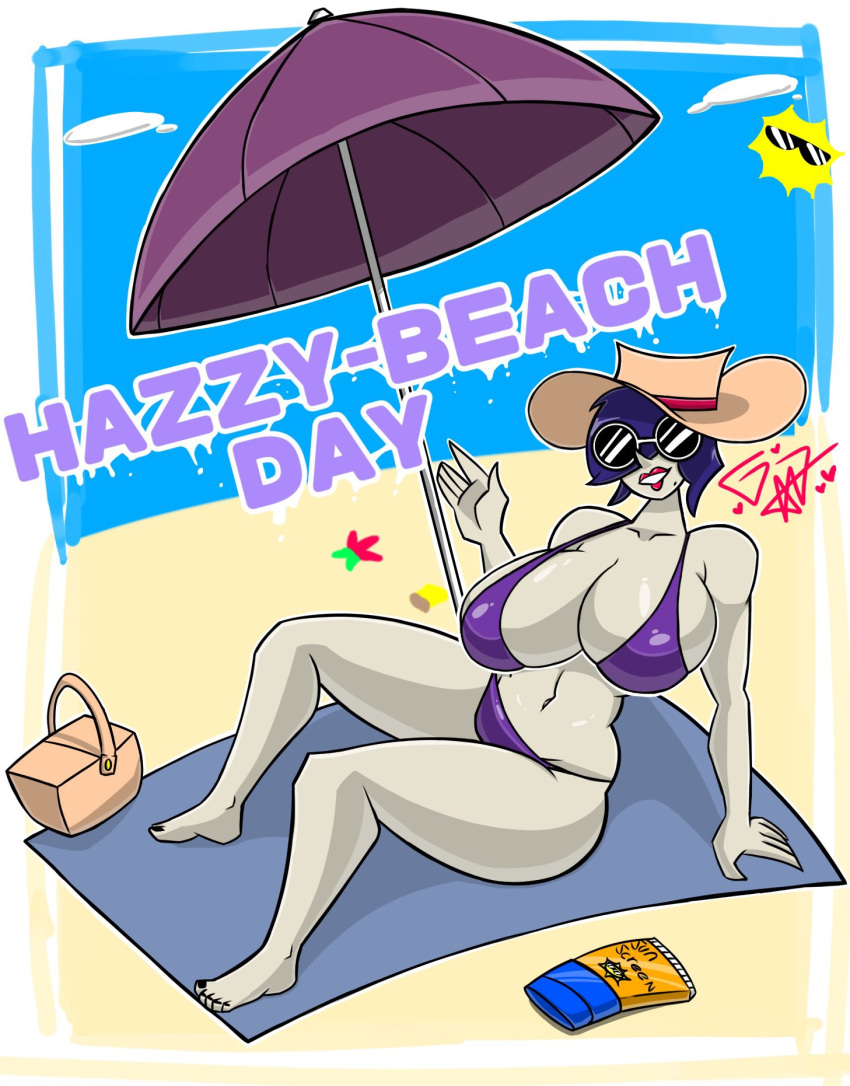 1girls beach beach_towel beach_umbrella bikini blue_sky english_text female_only gr8p_ju1ce grapejuicerulez hair_over_eyes hat lipstick mole navel painted_toenails picnic_basket purple_hair signature solo sponge spongebob_reference starfish sun sunglasses sunscreen umbrella