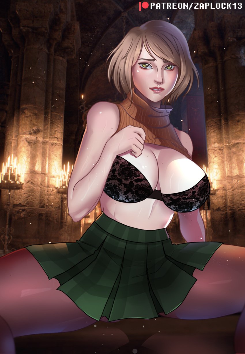 1girls absurd_res ashley_graham ashley_graham_(ella_freya) big_breasts blonde_hair breasts curvy curvy_body curvy_figure curvy_hips green_skirt hi_res legs_apart lingerie lingerie_bouquet miniskirt only_female open_legs pantyhose resident_evil resident_evil_4 resident_evil_4_remake shirt_up shy skirt thick thick_legs thick_thighs yellow_eyes zaplock13