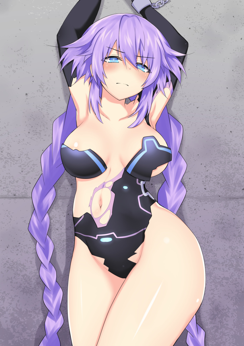 1girls annoyed armpits arms_up blue_eyes blush breasts chained compile_heart cpu_(neptunia) female female_focus female_human female_only goddess idea_factory katade light-skinned_female looking_at_viewer neptune_(neptunia) neptunia_(series) power_symbol-shaped_pupils purple_hair purple_heart_(neptunia) restrained shiny_skin solo straight thick_ass thick_thighs torn_clothes twin_braids