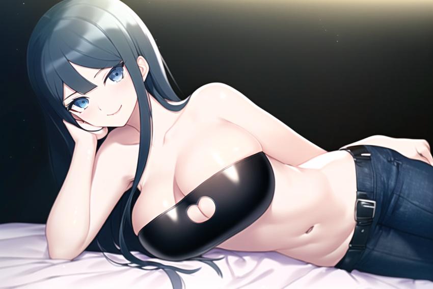 1girls ai_generated bare_shoulders bed belt big_breasts black_strapless blonde_hair cleavage clothing_cutout collarbone cowboy_shot danganronpa danganronpa:_trigger_happy_havoc elbow_rest hand_on_hip jeans large_breasts latex long_hair looking_at_viewer lying lying_on_bed maizono_sayaka midriff nai_diffusion smile solo stable_diffusion strapless