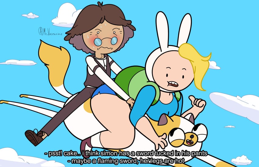 adventure_time backpack bag cake_the_cat cartoon_network clothing female fionna_and_cake fionna_the_human_girl grabbing_hips headwear horny_male human male mr_valentine00 open_mouth pale_skin riding s simon_petrikov talking_to_another text thick_legs thick_thighs