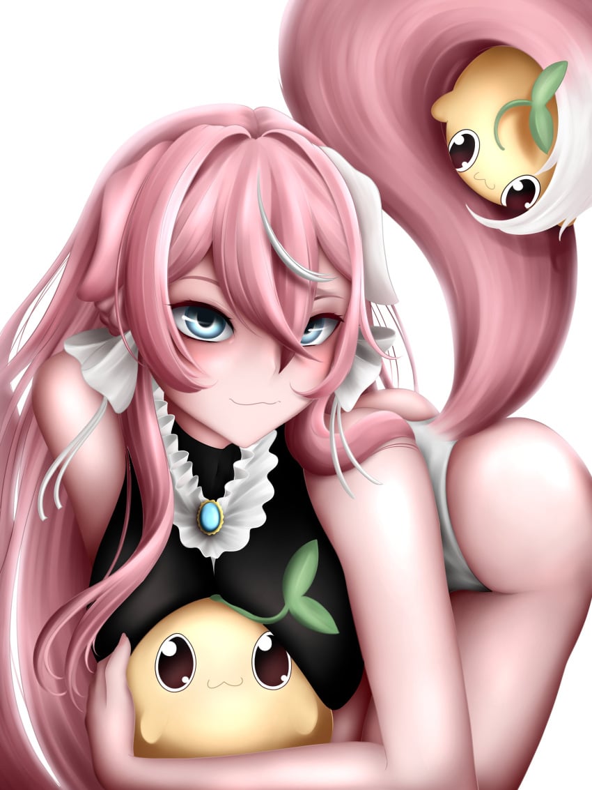 1girl bare_shoulders blue_eyes breasts brooch dog_ears dog_girl dress female_only gen_6_pokemon hair_between_eyes jewelry long_hair looking_at_viewer personification pink_hair sleeveless sleeveless_dress smile solo starter_pokemon striped stuffed_animal stuffed_toy very_long_hair virtual_youtuber vyugen white_background yuniiho_(character)