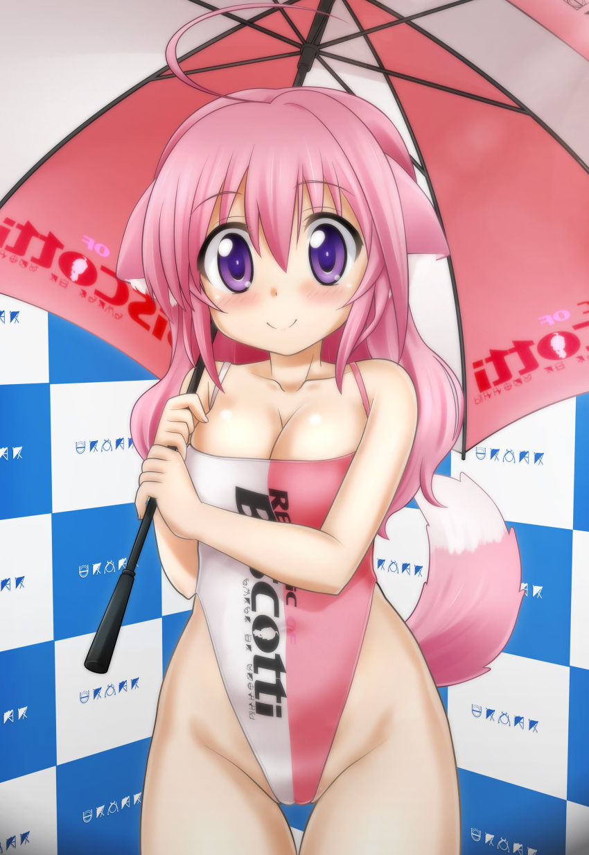 1girls breasts checkered_background dog_days dog_ears dog_girl dog_tail highleg highleg_leotard holding_umbrella koyomisa large_breasts leotard long_hair looking_at_viewer millhiore_f_biscotti multicolored_leotard pink_hair pink_leotard purple_eyes race_queen umbrella white_leotard