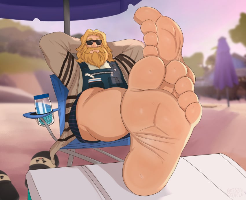 1boy 5_toes arms_behind_head barefoot bathrobe beach beard big_feet blonde_hair caucasian chair cooler crossed_feet dad_bod daddy feet flufflecraft foot_fetish fortnite human human_feet light_skin male male_focus male_only relaxed_fit_jonesy_(fortnite) relaxing slurp_juice soles sunglasses umbrella