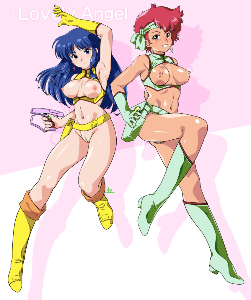 2girls arm_up armpits bandana bar_censor belt blue_eyes blue_hair bottomless breasts breasts_out brown_eyes casual censored dark_skin dirty_pair earrings female firearm footwear gloves green_footwear green_gloves grin gun handgun handwear highres holding holding_gun holding_weapon holster human jewelry kei_(dirty_pair) large_breasts legs long_hair looking_at_viewer multiple_girls navel nipples no_panties ohtado pale_skin pussy red_hair short_hair signature simple_background single_glove smile tactical_nudity teeth thigh_holster weapon yellow_gloves yuri_(dirty_pair)