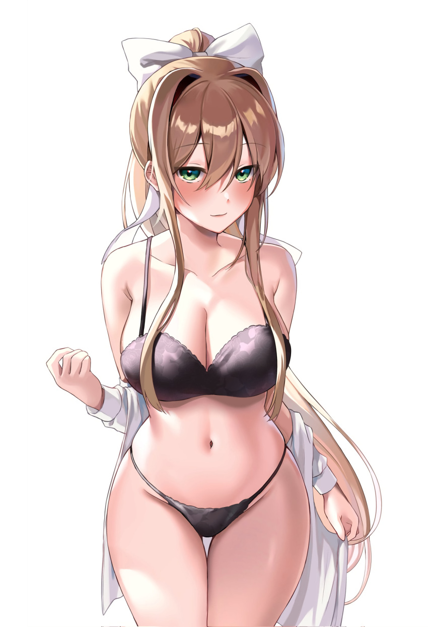 1girls bare_legs bare_shoulders bedroom_eyes big_breasts black_bra black_panties bra breasts brown_hair doki_doki_literature_club female green_eyes hair_ribbon half-dressed large_breasts lingerie looking_at_viewer machulanko midriff monika_(doki_doki_literature_club) panties ponytail staring_at_viewer string_panties strip strip_game stripping thick_thighs thighs underwear underwear_only undressing