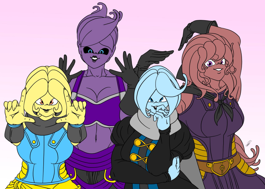 2019 blindstash blue_skin dragon_ball dragon_ball_xenoverse female female_majin female_only majin monster_girl multiple_girls original_character original_characters poses posing purple_skin red_skin tagme yellow_skin