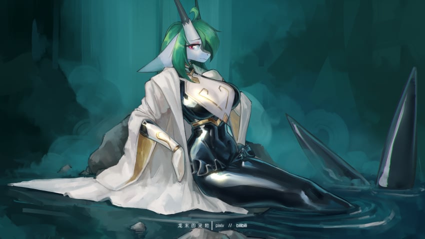 2023 absurd_res big_breasts breasts camel_toe clothing dragon female glistening glistening_clothing green_hair hair hi_res looking_at_viewer marine merfolk pink_eyes rubber rubber_clothing rubber_suit shanher shanher_(character) smile solo split_form water waterfall