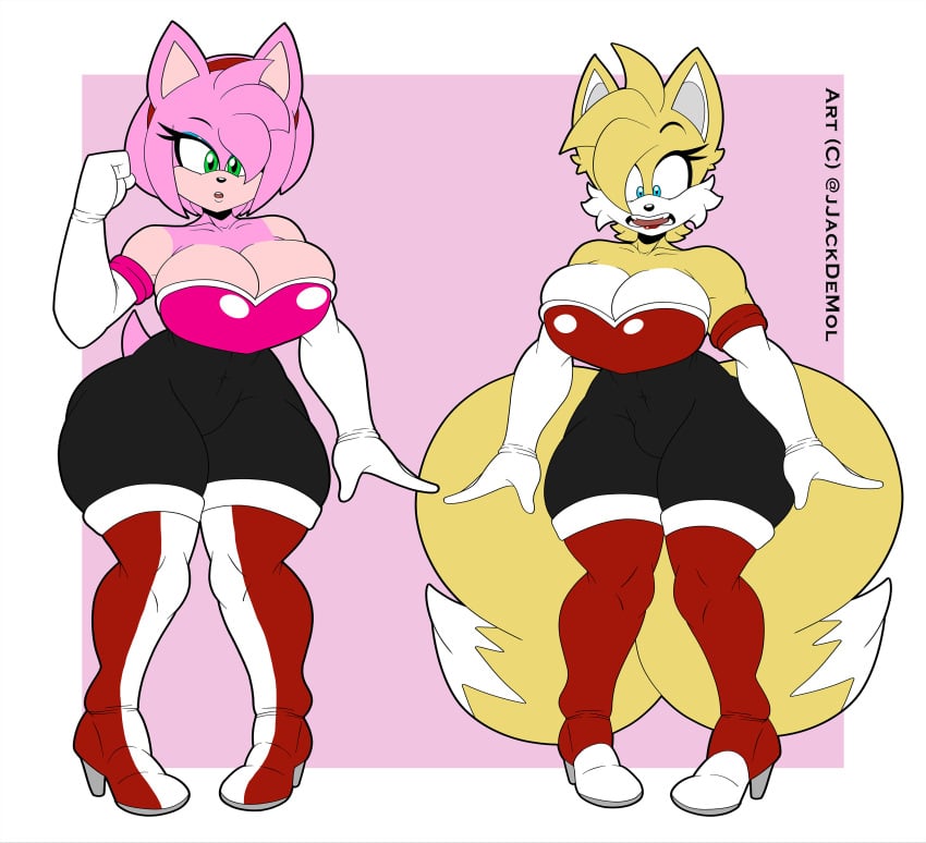 1futa 1girls 2021 amy_rose amy_the_bat anthro blindstash both_sexes_in_same_situation breasts bulge bulge_through_clothing cleavage clothing duo female fox fox_ears fox_girl fox_humanoid fox_tail futanari genderswap hedgehog hedgehog_girl hedgehog_humanoid high_heels intersex male_to_futa miles_prower pink_body pink_hair rouge_the_bat_(cosplay) sega sonic_(series) sonic_the_hedgehog_(series) tails tails_the_fox tailsko thick_thighs yellow_body yellow_hair