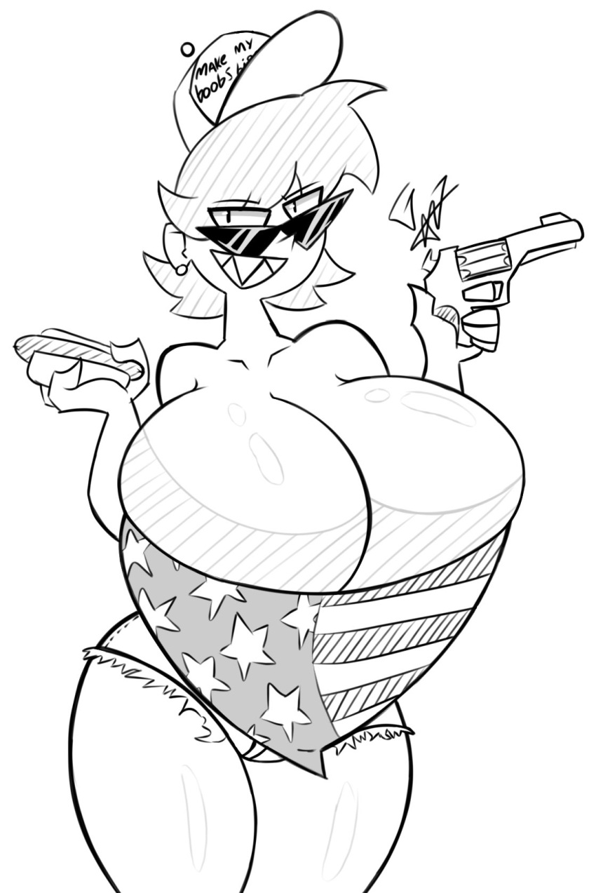 1girls american_flag collarbone earrings female female_only firearm gr8p_ju1ce grapejuicerulez gun handgun hat hot_dog huge_breasts jean_shorts looking_at_viewer milf monochrome revolver sharp_teeth short_hair signature solo sunglasses thick_thighs weapon