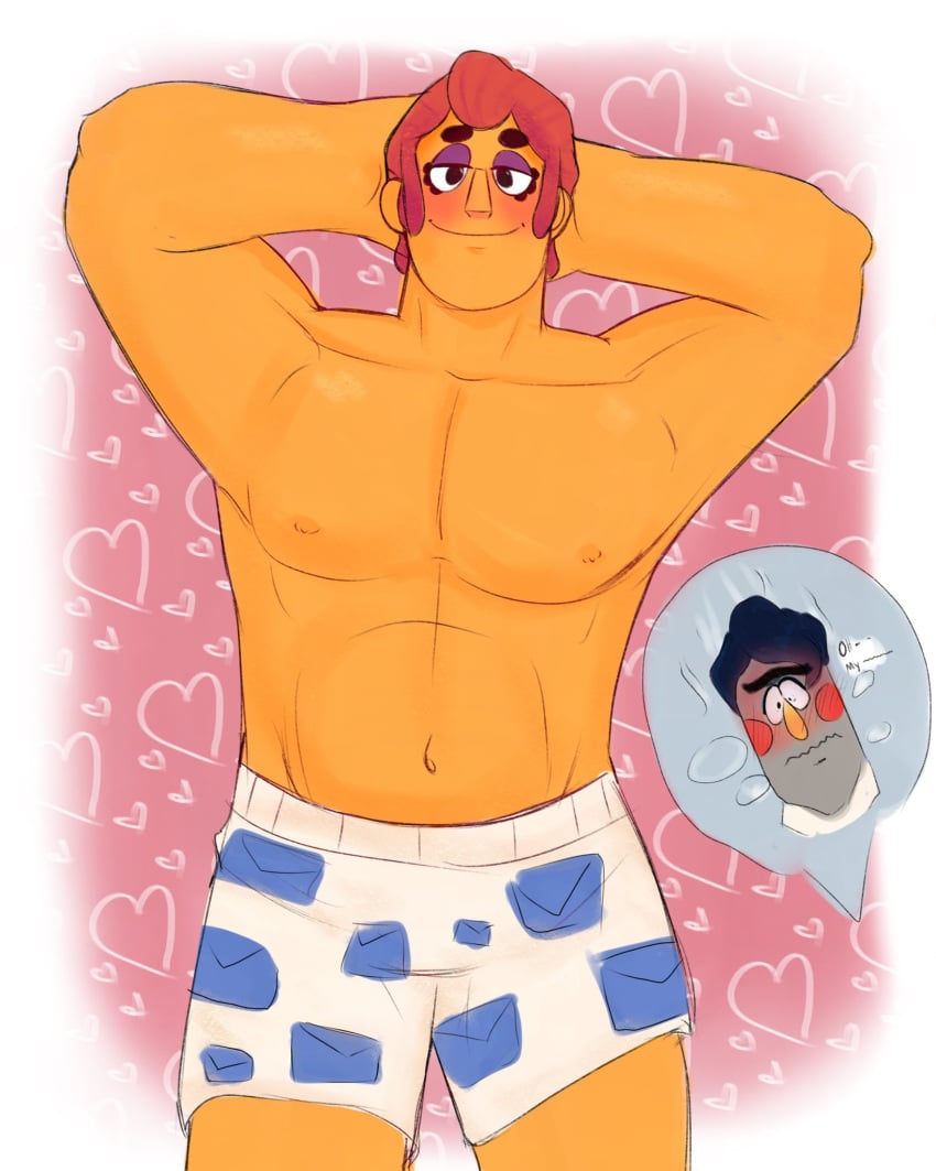 <3 2boys black_hair blush boxers eddie_dear_(welcome_home) embarrassed eyes_half_open frank_frankly_(welcome_home) gray_skin grey_body heart lidded_eyes orange_body presenting_chest red_hair showing_off smile underwear welcome_home welcome_home_(puppet_show)