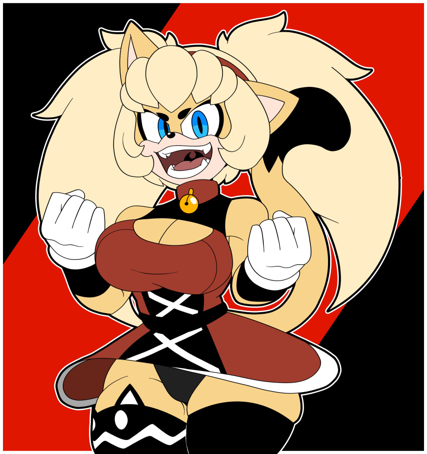 2021 anthro bell_collar big_hair blindstash blue_eyes breasts cat_ears cleavage clothed clothing dragon_ball dragon_ball_z dress fangs female gloves hi_res honey_the_cat looking_at_viewer sega short_skirt solo sonic_(series) sonic_the_hedgehog_(series) super_form super_saiyan tongue yellow_body yellow_hair