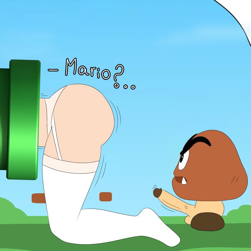 1boy 1girls ass big_ass big_penis female goomba lingerie male mario_(series) naked outdoors pewnyart princess_peach side_view size_difference socks stuck super_mario_bros. tunnel waddling_head warp_pipe