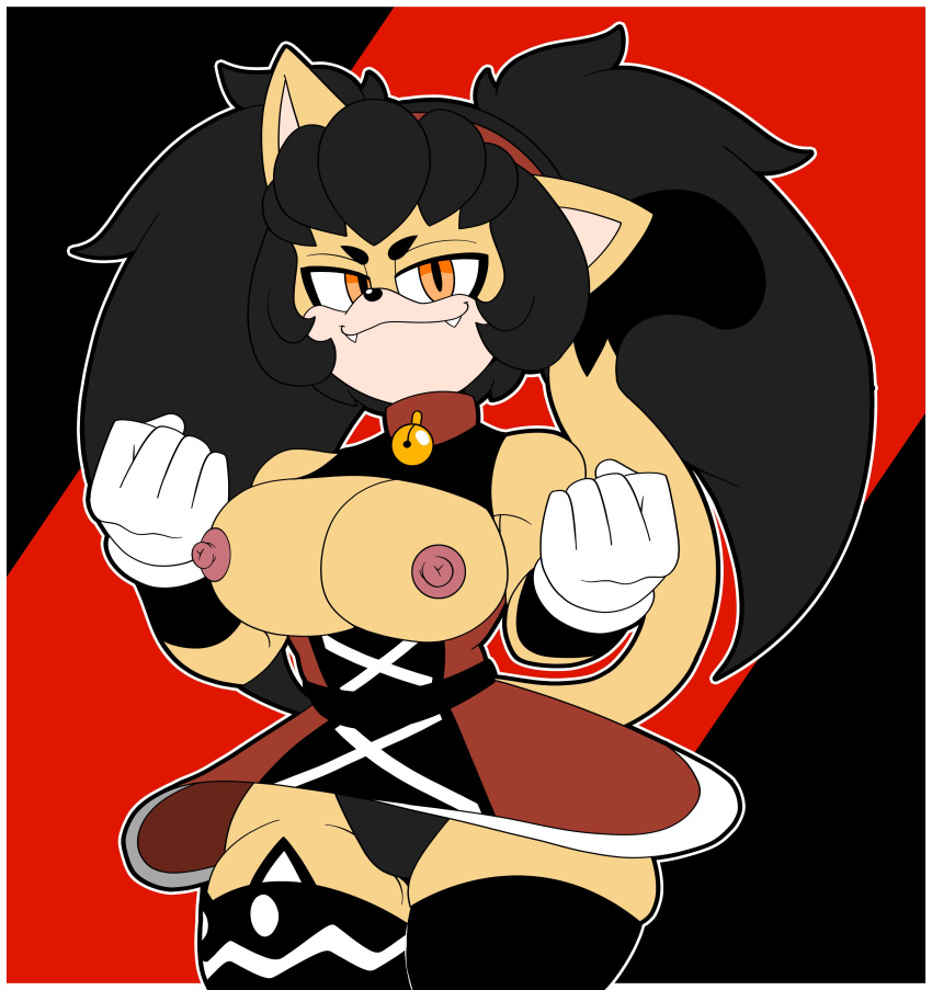 2021 anthro bedroom_eyes bell_collar big_hair black_hair blindstash boobs breasts breasts_out cat_ears clothing dress fangs female gloves hi_res honey_the_cat looking_at_viewer nipples orange_eyes sega short_skirt solo sonic_(series) sonic_the_hedgehog_(series) tits yellow_body