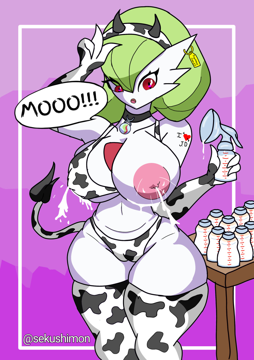 big_breasts big_thighs breast_pump breasts cow_girl female_gardevoir gardevoir green_hair lactating lactation milk milk_bottle milk_pump nipples only_female pokemon pokemon_(species) pokemon_rse pump red_eyes sekushimon