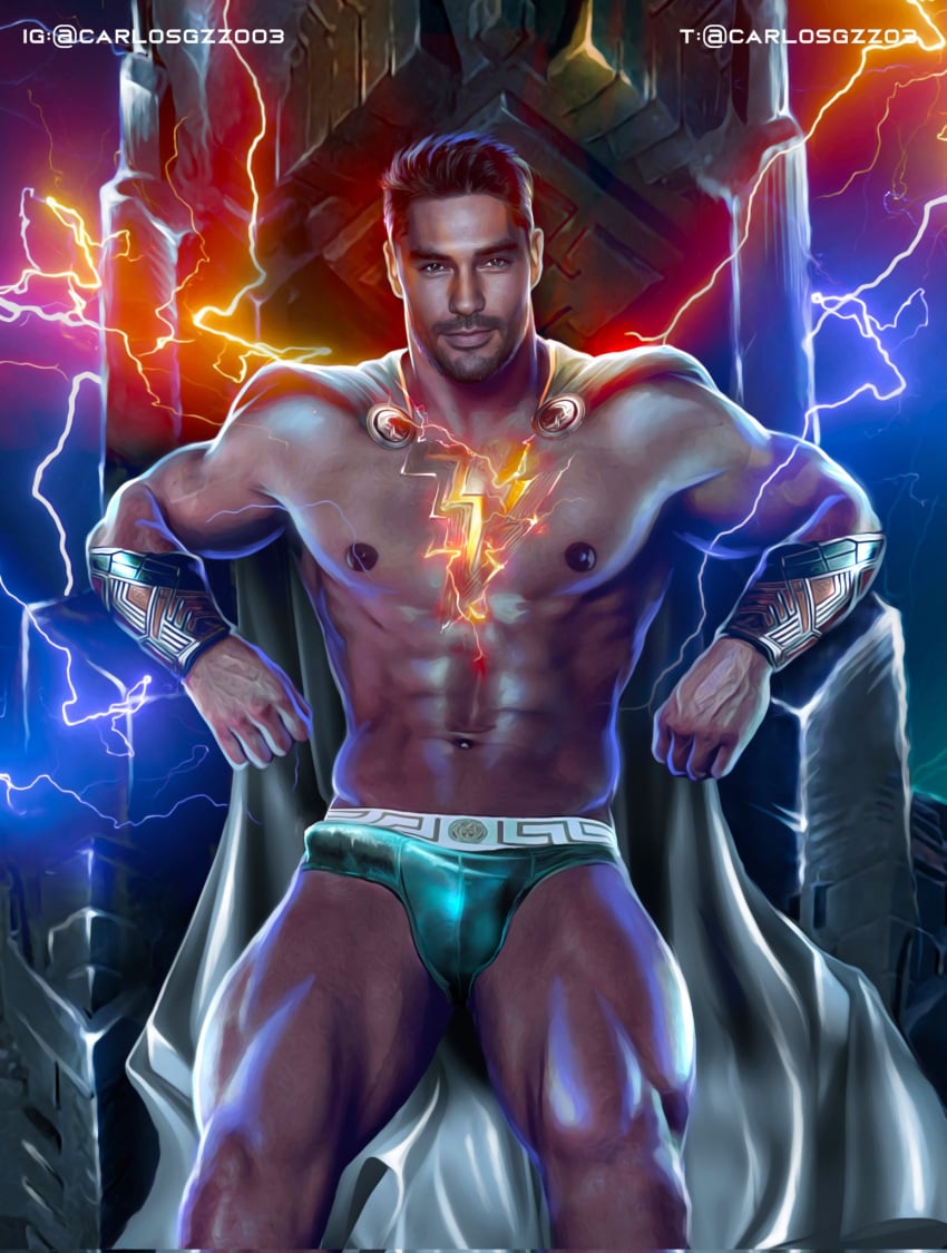 abs actor biceps big_bulge bulge bulging_biceps cape carlos_gzz celebrity d.j._cotrona dc dc_extended_universe erection_under_underwear hispanic hispanic_male huge_bulge in_character latino lightning looking_at_viewer male male_only muscles muscular muscular_male pecs pedro_pena shazam!_fury_of_the_gods_(2023) shirtless_male smooth_chest smooth_skin superhero underwear underwear_only