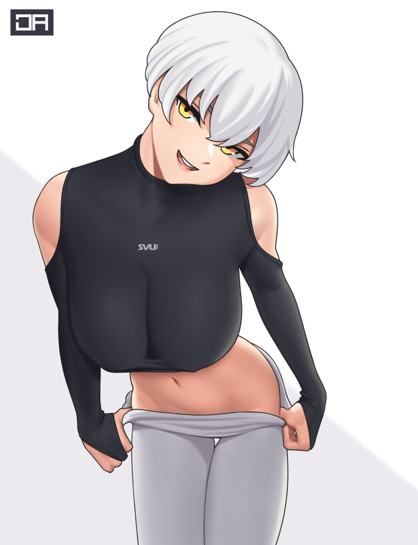 1girls :d bowl_cut breasts clothing_cutout female girls'_frontline head_tilt highres j_adsen large_breasts leaning_forward leggings looking_at_viewer navel nipple_bulge open_mouth original parted_bangs short_hair shoulder_cutout signature simple_background smile solo straight_bangs svu_(girls'_frontline)_(j_adsen) undressing very_short_hair white_background white_hair white_leggings yellow_eyes