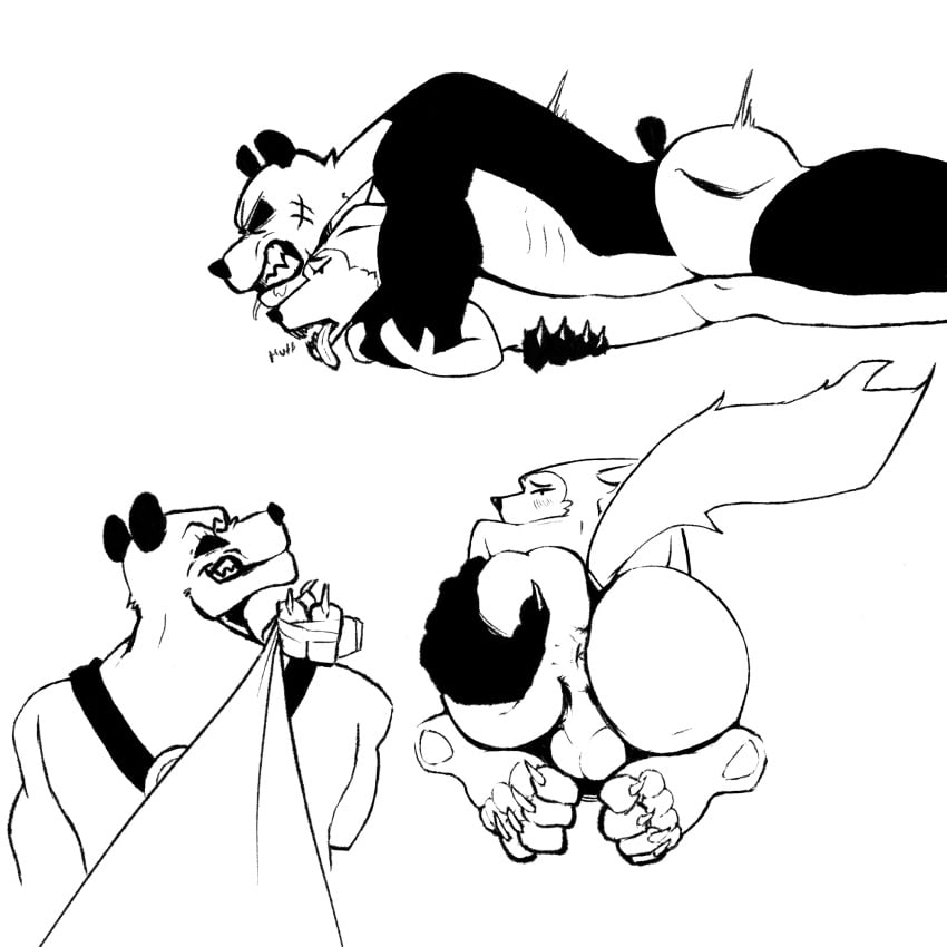 1:1 anthro ass bear beastars butt_grab canid canine canis clenched_teeth duo giant_panda gouhin hand_on_butt hi_res leash leash_pull legoshi_(beastars) male male/male mammal minimaopgp monochrome paws presenting presenting_hindquarters tail teeth wolf