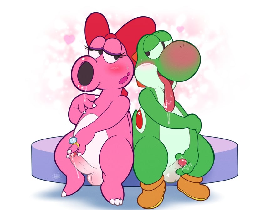 1boy 1futa anthro anthro_focus anthro_only birdetta birdo blush bodily_fluids bow_accessory boyhowdy dinosaur drooling duo erection feral feral_dinosaur futanari gem genital_fluids genitals herm hi_res intersex intersex/male jewelry male mario_(series) masturbation mutual_masturbation nintendo penis precum reptile saliva scalie small_penis small_penis_adoration sweat tongue tongue_out yoshi yoshi_(character)