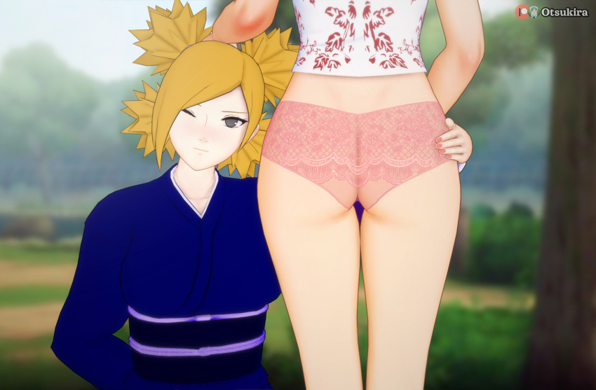 2girls 3d ass ass_grab ass_worship back_view boruto:_naruto_next_generations bottomless bottomless_female china_dress dress faceless_female facing_away facing_viewer from_behind front_view holding_object kimono koikatsu legs_together long_hair looking_at_viewer lower_body multiple_girls naruto naruto_(series) one_eye_closed otsukira panties parted_bangs ponytail presenting presenting_ass presenting_hindquarters presenting_partner quad_tails short_hair teal_eyes temari tenten underwear wink yellow_hair yuri