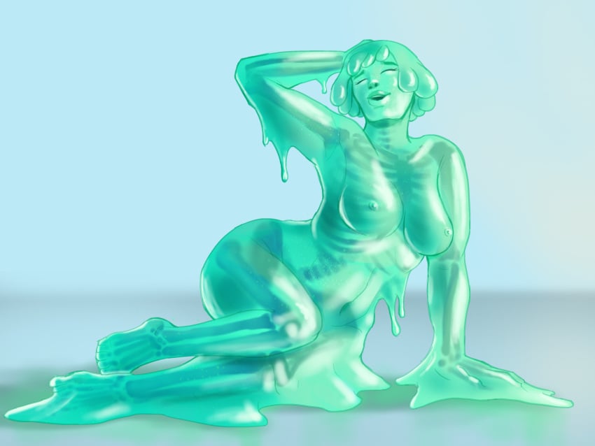 bigtittygothmoth completely_nude completely_nude_female cute dripping female_only goo_girl green_body hand_on_head happy lying_on_side melting monster_girl oc pose posing see-through self_upload short_hair skeleton skelly_jelly slightly_chubby slime slime_girl smile solo_female transparent_body wholesome