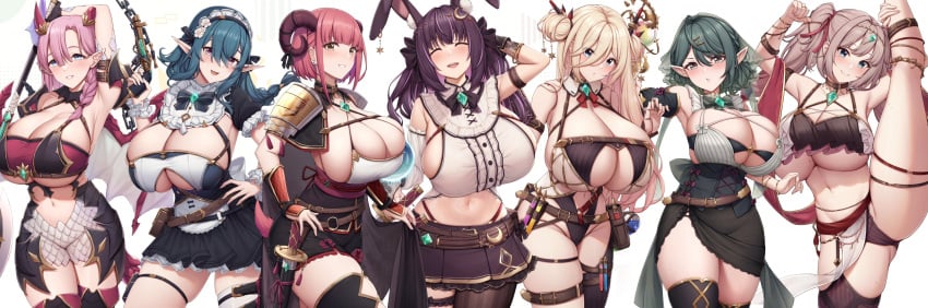 2023 2d 2d_(artwork) 7girls :) :o armpit armpits bandeau belly_dancer belly_dancer_outfit belt belt_buckle big_breasts big_thighs blonde_hair blue_hair blush braided_hair breast_squish breasts brown_hair bunny_ears busty cleavage cleavage_cutout cleavage_overflow closed_eyes clothed clothed_female collar curvaceous curved_horns curves curvy curvy_body curvy_female curvy_figure curvy_hips cute_fang ear_piercing earrings elf elf_ears elf_female eyebrows eyebrows_visible_through_hair eyelashes female female_focus female_only green_hair hair_ornament hair_ornaments hi_res highres hips horns hourglass_figure huge_breasts jewelry large_breasts large_thighs leotard light-skinned_female light_skin long_hair maid maid_apron maid_headdress maid_uniform massive_breasts midriff navel original original_character original_characters orzcan paintcan pauldrons pink_eyes pink_hair pistol potion pouch purple_hair revealing_clothes scales short_hair sideboob size_difference skimpy skimpy_clothes skindentation skirt smile smiling smiling_at_viewer standing_split tail thick_thighs thigh_strap thighhighs twintails underboob voluptuous weapon wide_hips wings yellow_eyes