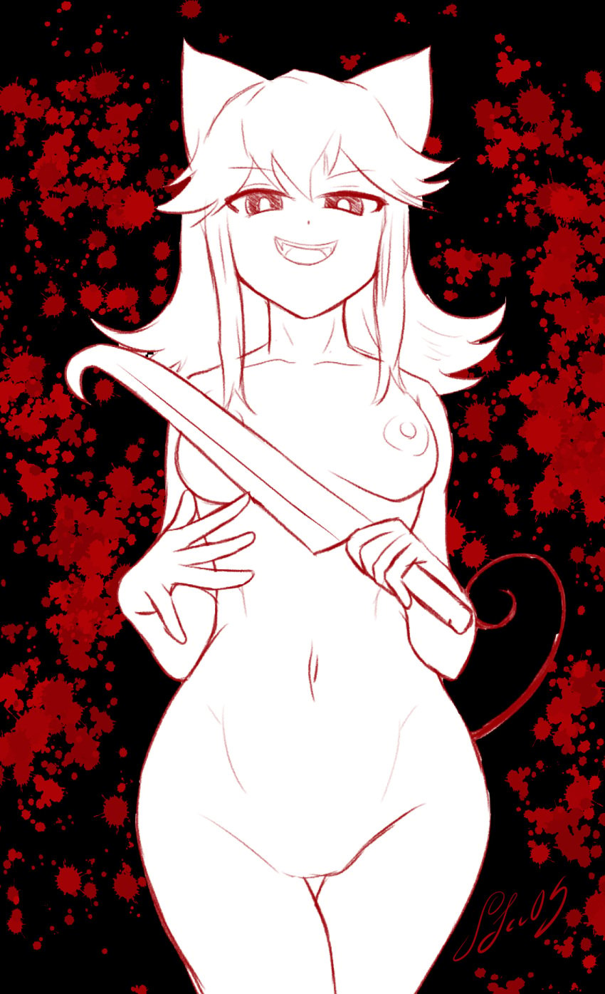 1girls animal_ears blood blood_splatter breasts funamusea knife large_breasts looking_at_viewer moge-ko mogeko_castle monochrome navel nude open_mouth sharp_teeth skarlet_jewel_cv05 sketch solo solo_female vagina yandere