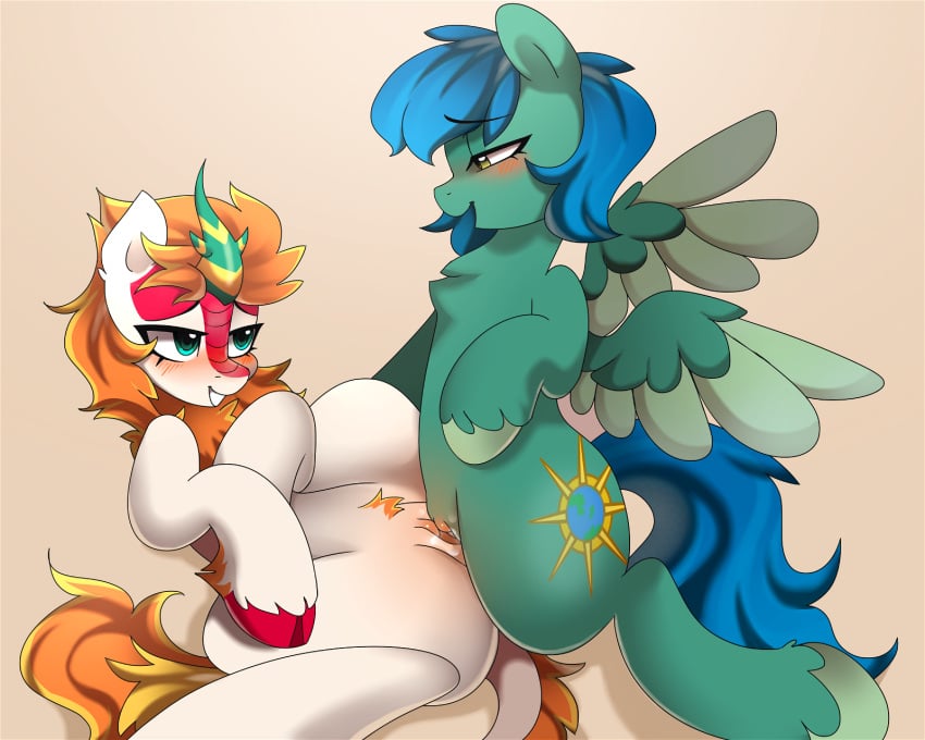 5:4 asian_mythology blue_hair blue_mane blue_tail blush blush_lines chest_tuft chinese_mythology cloven_hooves cutie_mark digital_media_(artwork) duo east_asian_mythology equid equine feathered_wings feathers female female/female feral feral_on_feral friendship_is_magic fur genitals green_body green_eyes green_feathers green_fur hair haruk hasbro hi_res hooves horn humanoid_genitalia humanoid_pussy humanoid_pussy_on_feral kirin leg_tuft mammal mane multicolored_horn my_little_pony mythology orange_hair orange_mane orange_tail pegasus pussy sex tail tribadism tuft vaginal_penetration white_body white_fur wings yellow_eyes