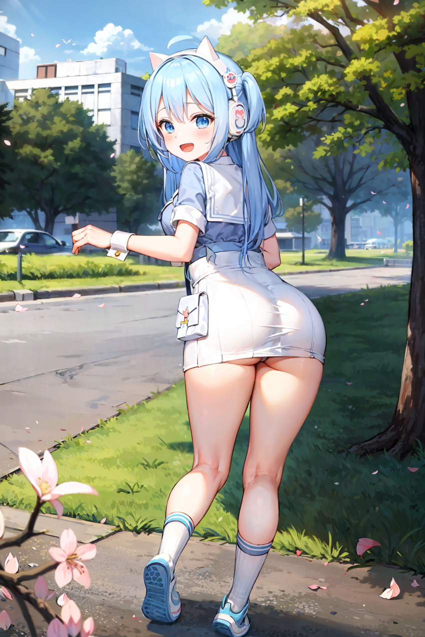 ai_generated ass ass_focus big_ass blue_eyes blue_hair blush breasts cameltoe dress female from_behind goddess_of_victory:_nikke headphones huge_ass long_hair looking_at_viewer looking_back medium_breasts open_mouth panties pantyshot shifty_(nikke) shiny shiny_clothes shiny_hair shiny_skin short_dress sideboob smile solo thick_thighs very_long_hair