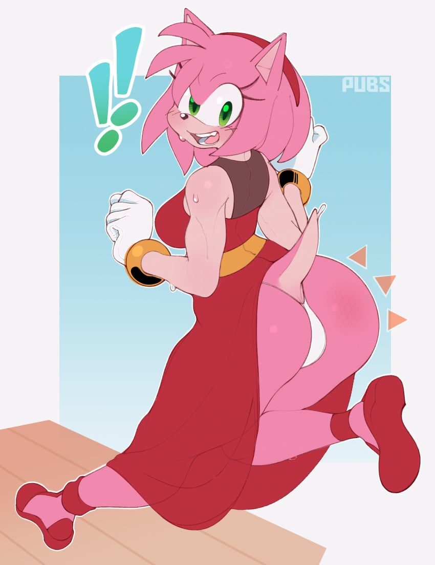 amy_rose anus_peek big_ass big_butt bubble_butt butt_slap butthol dress dress_lift green_eyes hair_accessory hairband handwear open_mouth pink_hair pubsnsfw slap slap_mark solo sonic_(series) sonic_the_hedgehog_(series) the_murder_of_sonic_the_hedgehog thong two_tone_body two_tone_skin upskirt