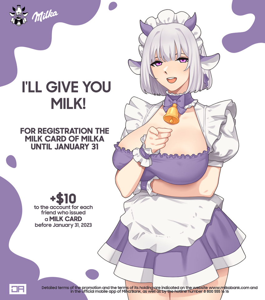 :d animal_ears apron areola_slip arm_under_breasts bell bob_cut brand_name_imitation breasts cleavage covered_nipples cow_ears cowboy_shot dress english_text fake_ad fake_advertisement female frilled_apron frills girls'_frontline grey_hair highres j_adsen juliet_sleeves large_breasts long_sleeves looking_at_viewer maid_headdress milka_(chocolate) neck_bell pointing pointing_at_viewer puffy_short_sleeves puffy_sleeves purple_dress purple_eyes rpk-16_(girls'_frontline) sexually_suggestive short_dress short_hair short_sleeves smile solo standing teeth upper_teeth_only waist_apron white_apron white_wrist_cuffs