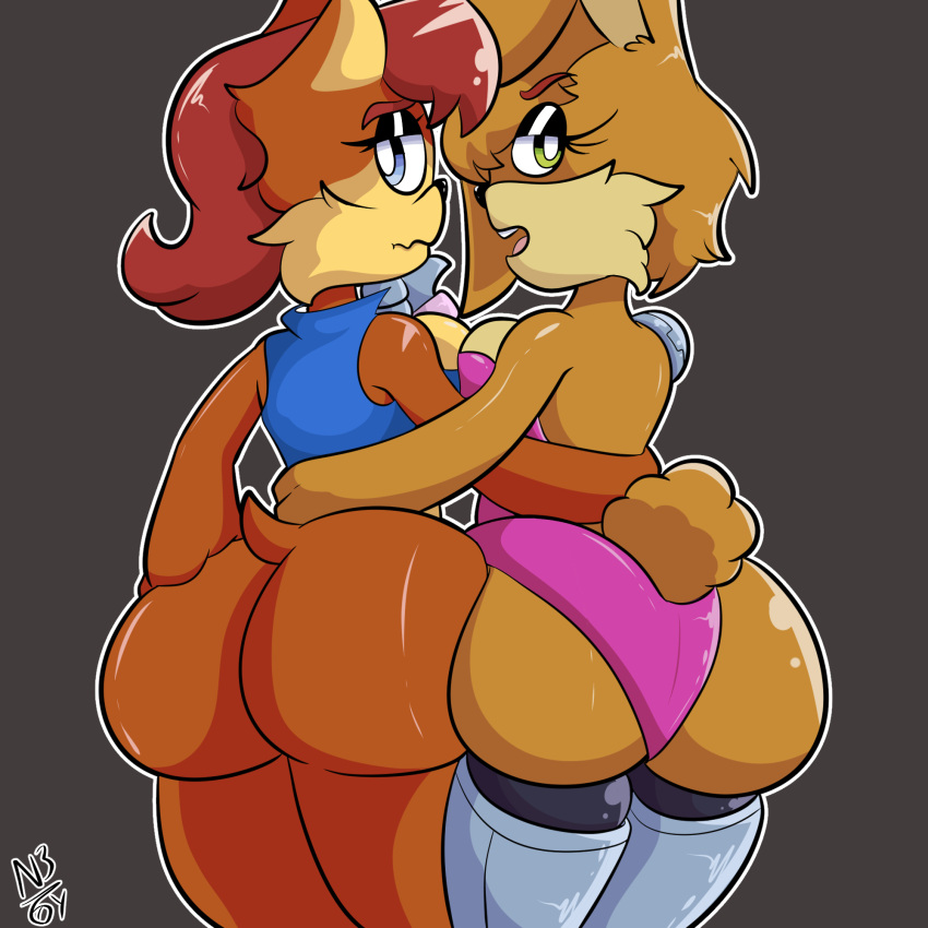 2girls anthro archie_comics arm_around_waist ass ass-to-ass ass_to_ass big_ass big_butt black_nose blue_eyes breasts breasts_to_breasts brown_body brown_fur brown_hair brown_skin bubble_ass bubble_butt bunnie_rabbot bunny bunny_girl bunny_tail chipmunk clothed clothing curvy curvy_figure cybernetic_arm cybernetic_limb cybernetics dat_ass eyelashes fur furry green_eyes grey_background ground_squirrel huge_butt looking_at_viewer looking_back mammal mobian_(species) multicolored_hair nervous nokdeusneony onesie rabbit rabbit_ears rabbit_tail red_hair robotic_arm robotic_leg rodent sally_acorn sega short_hair sonic_(series) sonic_satam sonic_the_hedgehog_(archie) sonic_the_hedgehog_(comics) sonic_the_hedgehog_(series) tail tan_body tan_fur tan_skin thick_ass