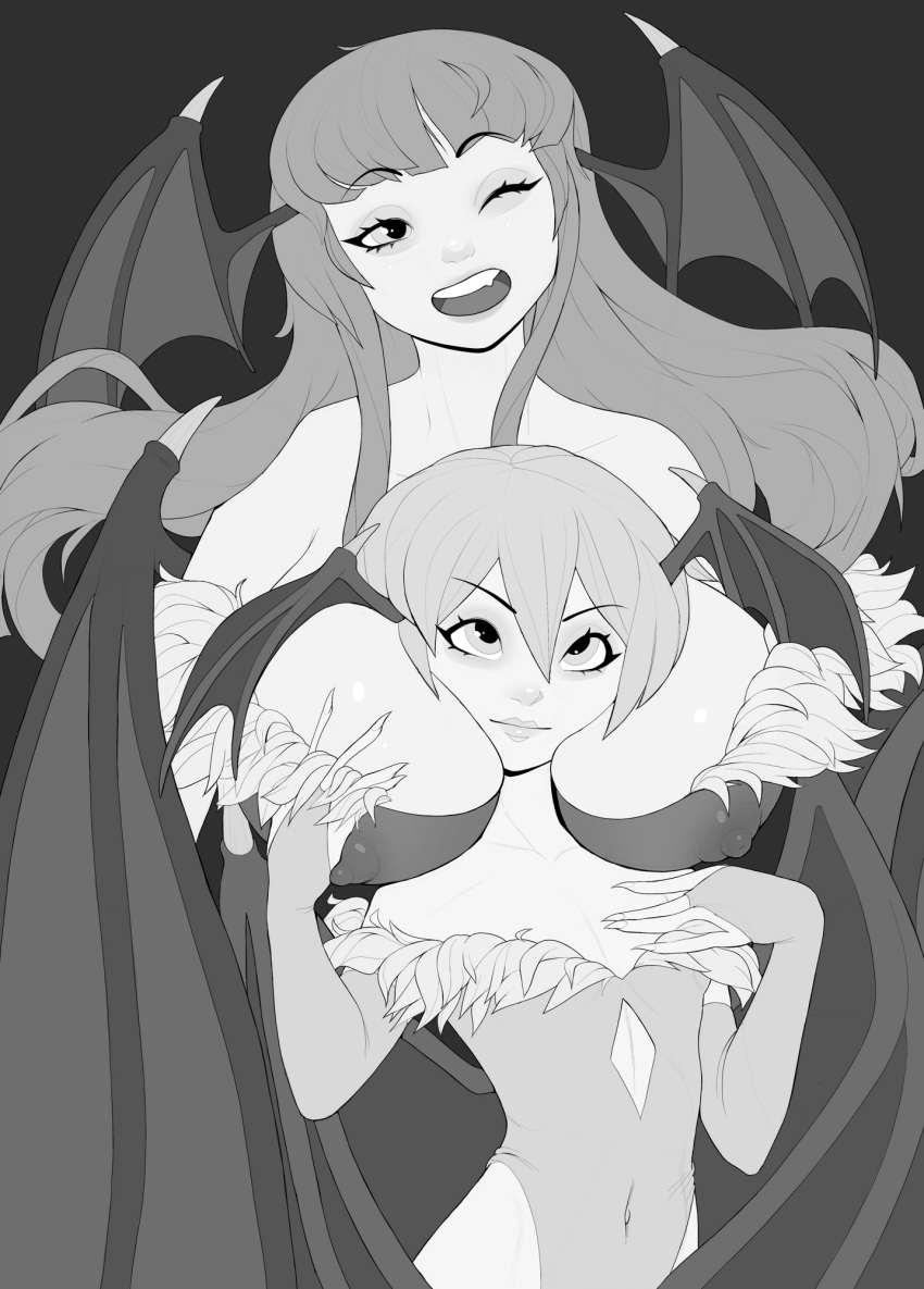 2demons 2girls between_breasts breast_size_difference breasts bubu_beep cleavage clothing darkstalkers demon demon_girl demon_girls demon_wings demoness demons erect_nipples erect_nipples_under_clothes female female_only flat_chest head_between_breasts head_wings huge_breasts large_breasts lilith_aensland monochrome morrigan_aensland person_between_breasts succubus succubus_wings wings