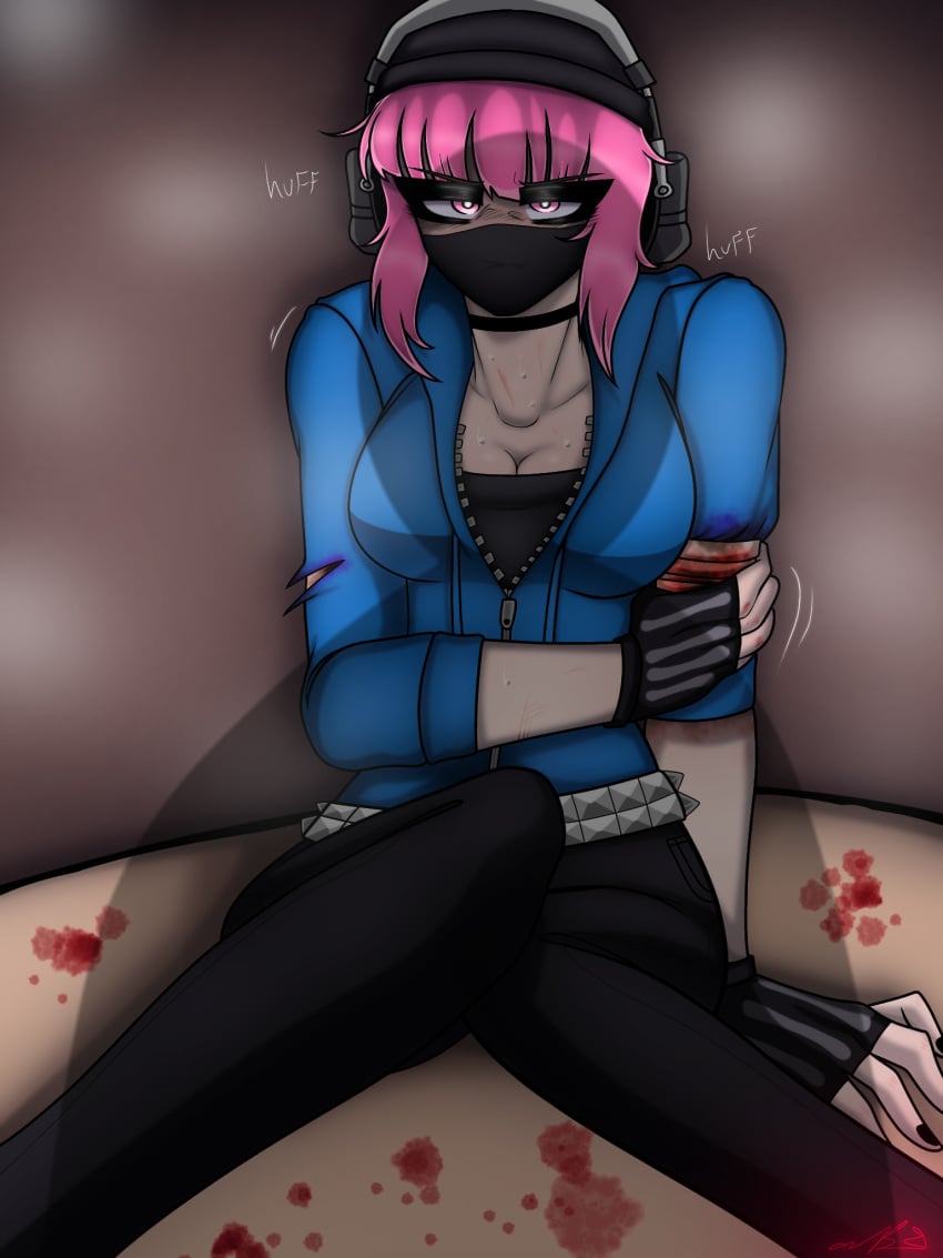 artist_self-insert artist_signature beanie blood blush breasts breathing cute_deth cute_deth(artist) cute_deth(character) damaged gloves headphones injured looking_at_viewer mask pink_eyes pink_hair ripped_clothing self_insert team_fortress_2 video_game