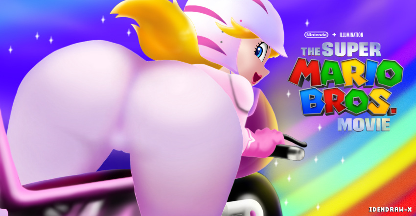 1girls ass ass_focus big_ass blonde_hair blue_eyes clothed fanart female female_only idendrawx looking_at_viewer looking_back mario_(series) motorcycle motorcycle_helmet motorcycle_suit nintendo outdoors princess_peach rainbow_road skin_tight smile solo super_mario_bros. super_mario_bros._(2023_film)